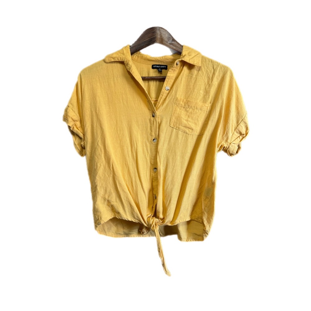 Style Envy Button Down Top Womens Medium Yellow Excellent Linen‎ Blend Tie Front